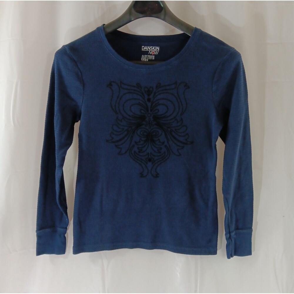 Danskin Now Juniors Size Large Blue Waffle Knit Graphic Long Sleeve Top